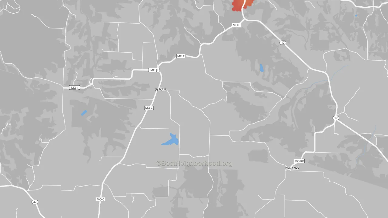 Walk Grade map of Ulman, MO, walkable areas in green and car-dependent areas in red