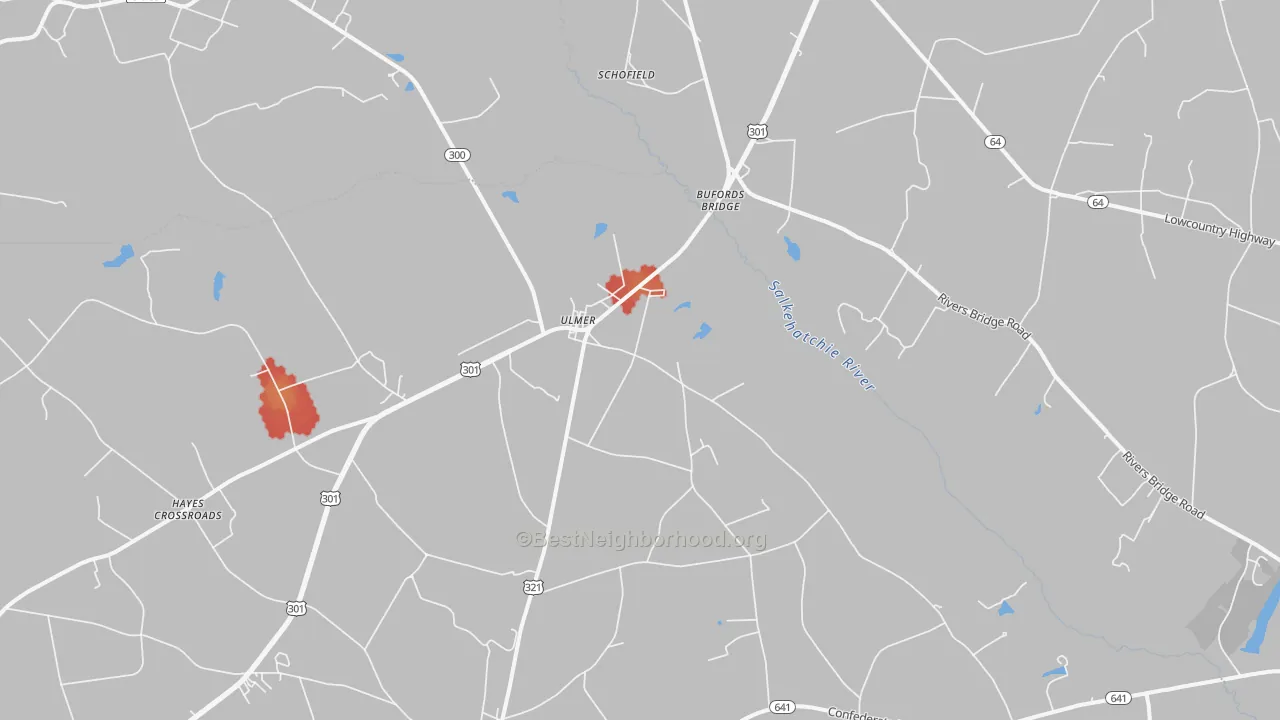 Walk Grade map of Ulmer, SC, walkable areas in green and car-dependent areas in red