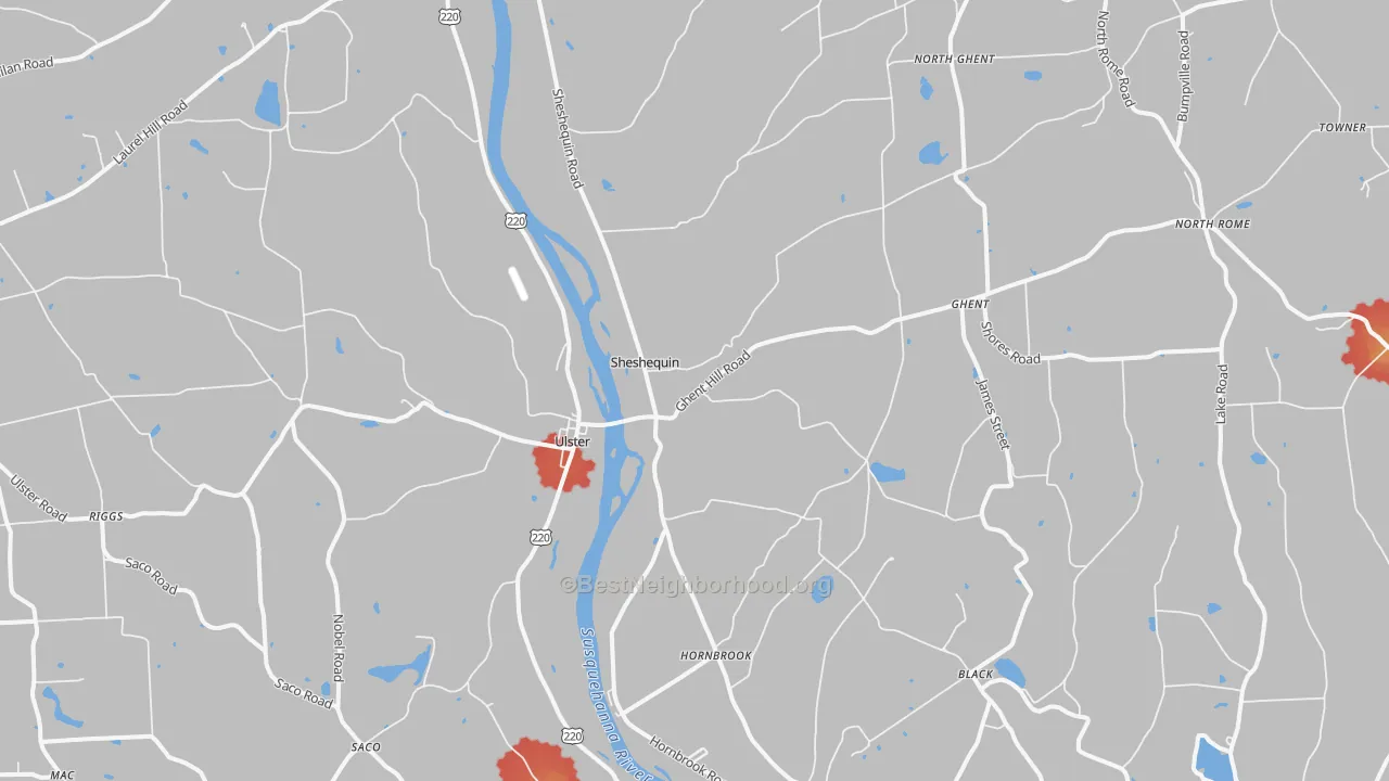 Walk Grade map of Ulster, PA, walkable areas in green and car-dependent areas in red