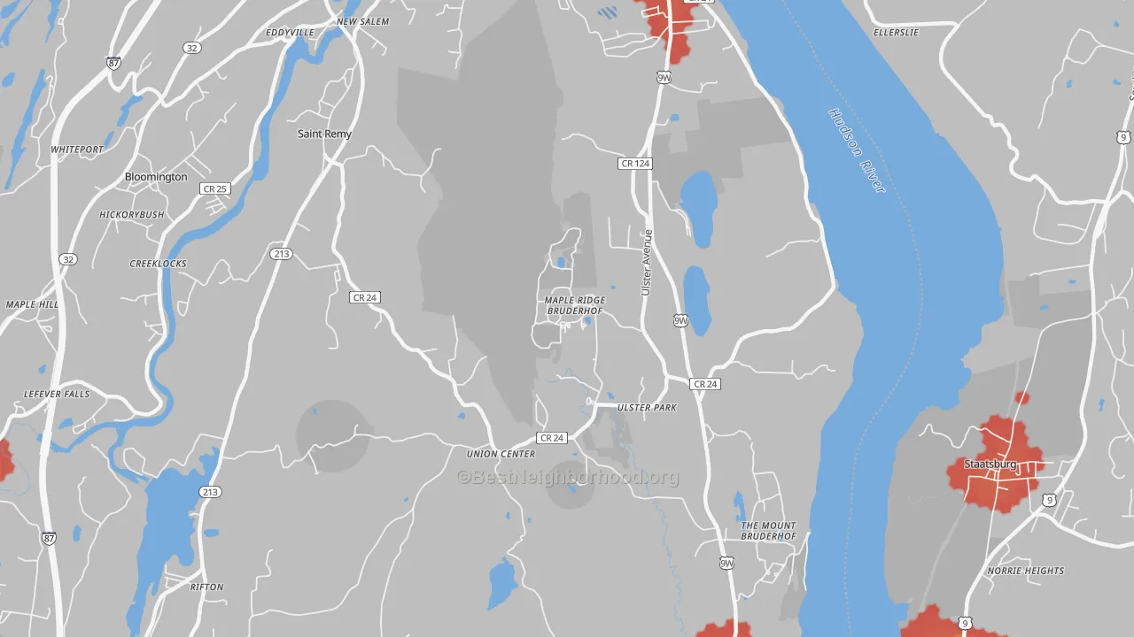 Walk Grade map of Ulster Park, NY, walkable areas in green and car-dependent areas in red