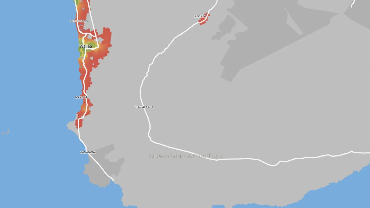 Walk Grade map of Ulupalakua, HI, walkable areas in green and car-dependent areas in red