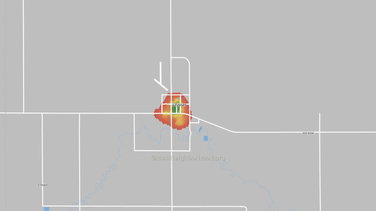 Walk Grade map of Ulysses, KS, walkable areas in green and car-dependent areas in red
