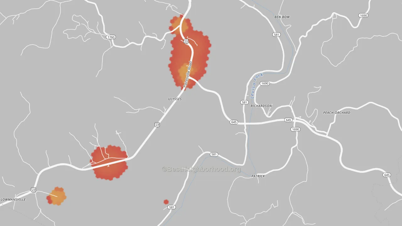 Walk Grade map of Ulysses, KY, walkable areas in green and car-dependent areas in red