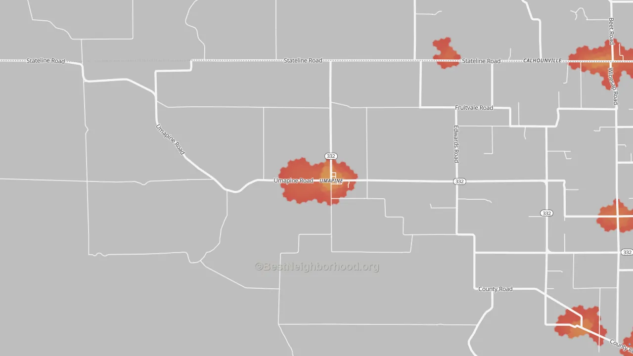 Walk Grade map of Umapine, OR, walkable areas in green and car-dependent areas in red