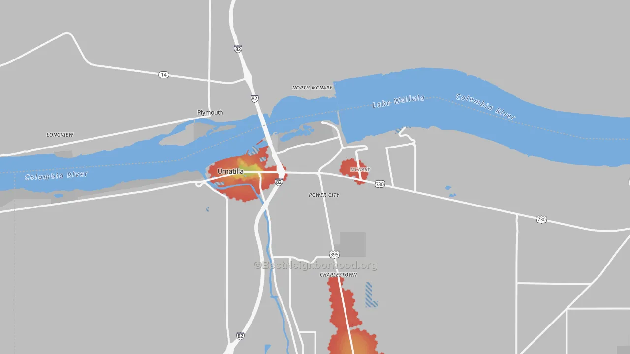 Walk Grade map of Umatilla, OR, walkable areas in green and car-dependent areas in red
