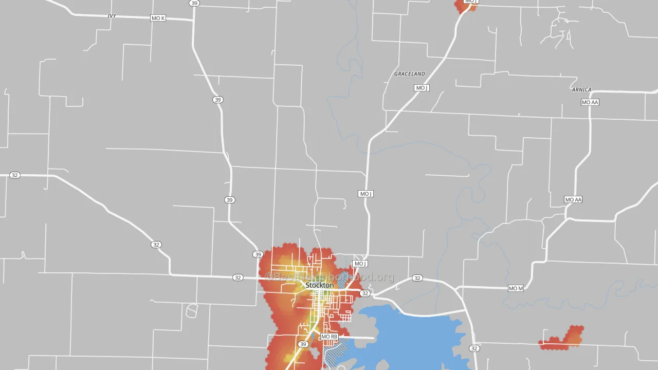 Walk Grade map of Umber, MO, walkable areas in green and car-dependent areas in red