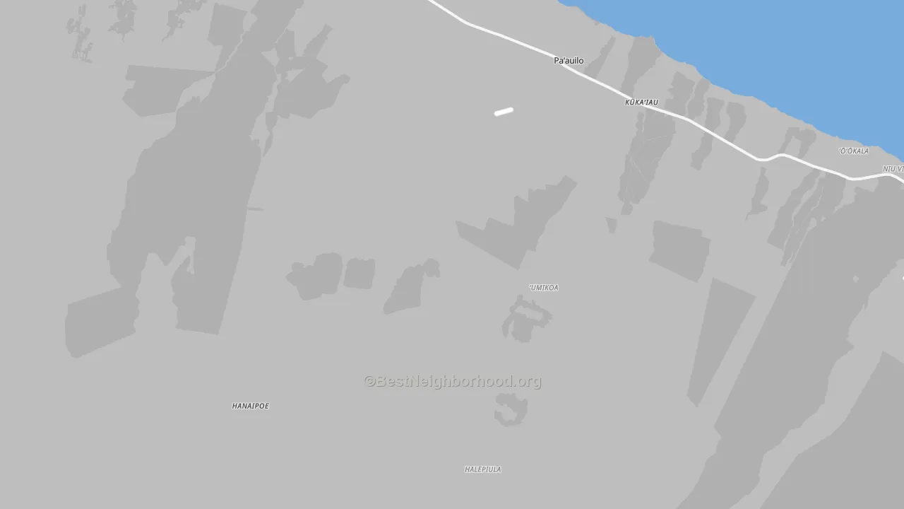 Walk Grade map of Umikoa, HI, walkable areas in green and car-dependent areas in red