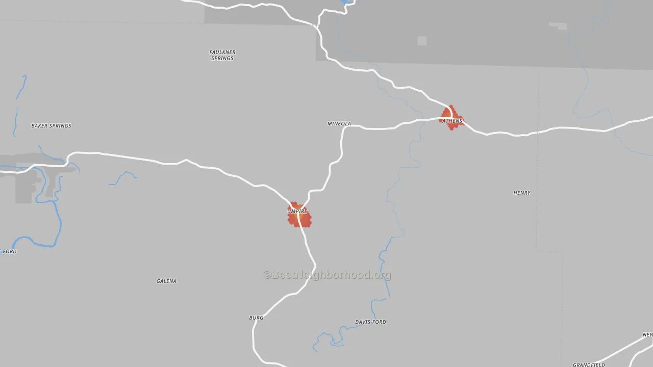 Walk Grade map of Umpire, AR, walkable areas in green and car-dependent areas in red