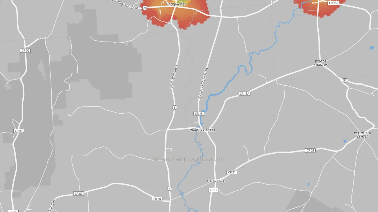 Walk Grade map of Unadilla Forks, NY, walkable areas in green and car-dependent areas in red