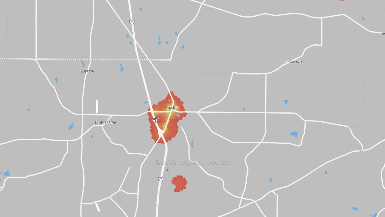 Walk Grade map of Unadilla, GA, walkable areas in green and car-dependent areas in red