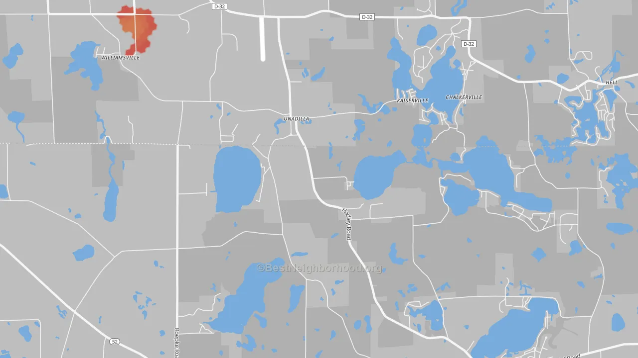 Walk Grade map of Unadilla, MI, walkable areas in green and car-dependent areas in red