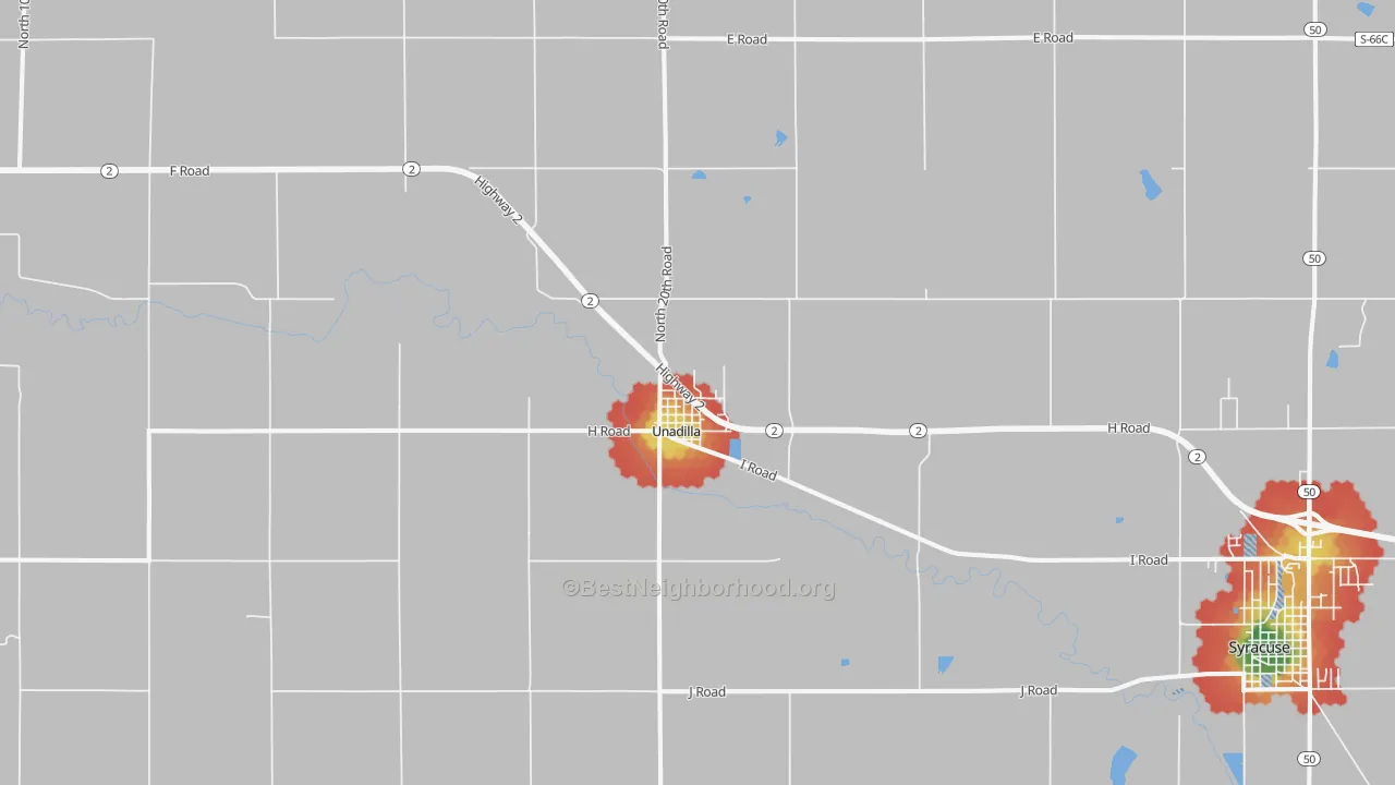 Walk Grade map of Unadilla, NE, walkable areas in green and car-dependent areas in red