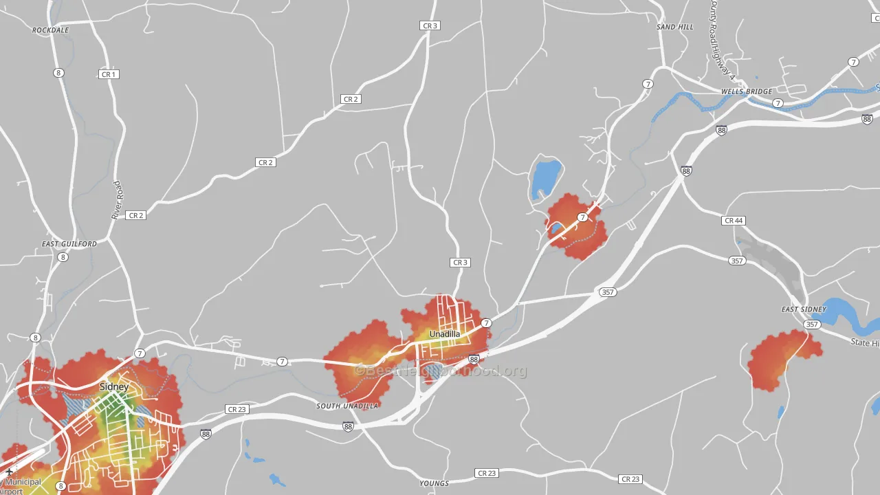 Walk Grade map of Unadilla, NY, walkable areas in green and car-dependent areas in red