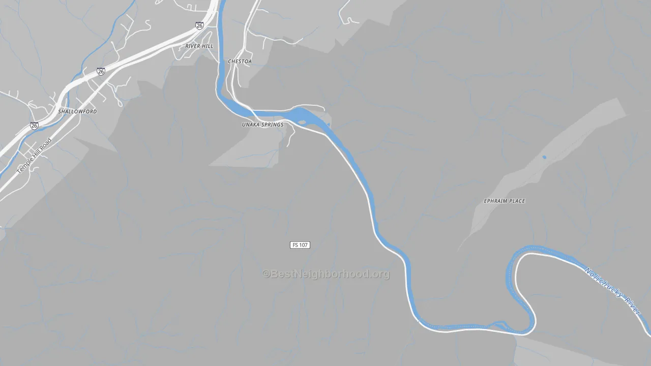 Walk Grade map of Unaka Springs, TN, walkable areas in green and car-dependent areas in red