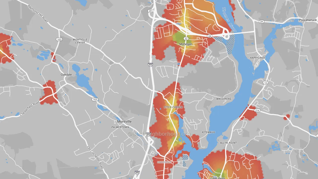 Walk Grade map of Uncasville, CT, walkable areas in green and car-dependent areas in red