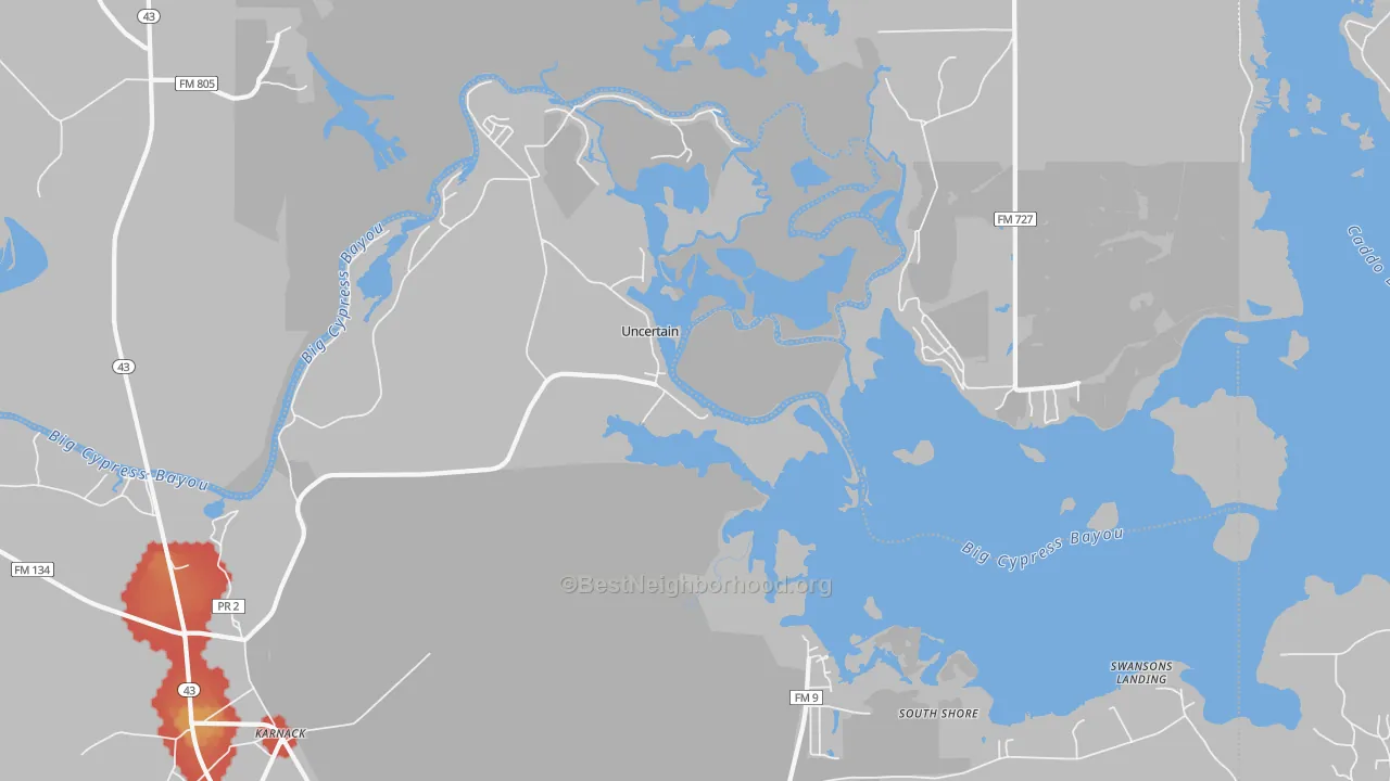Walk Grade map of Uncertain, TX, walkable areas in green and car-dependent areas in red