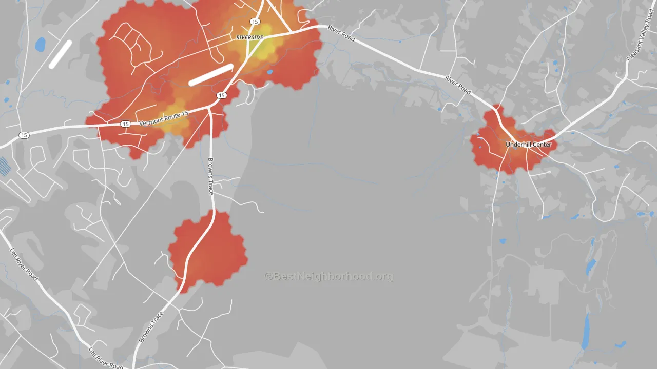Walk Grade map of Underhill Center, VT, walkable areas in green and car-dependent areas in red