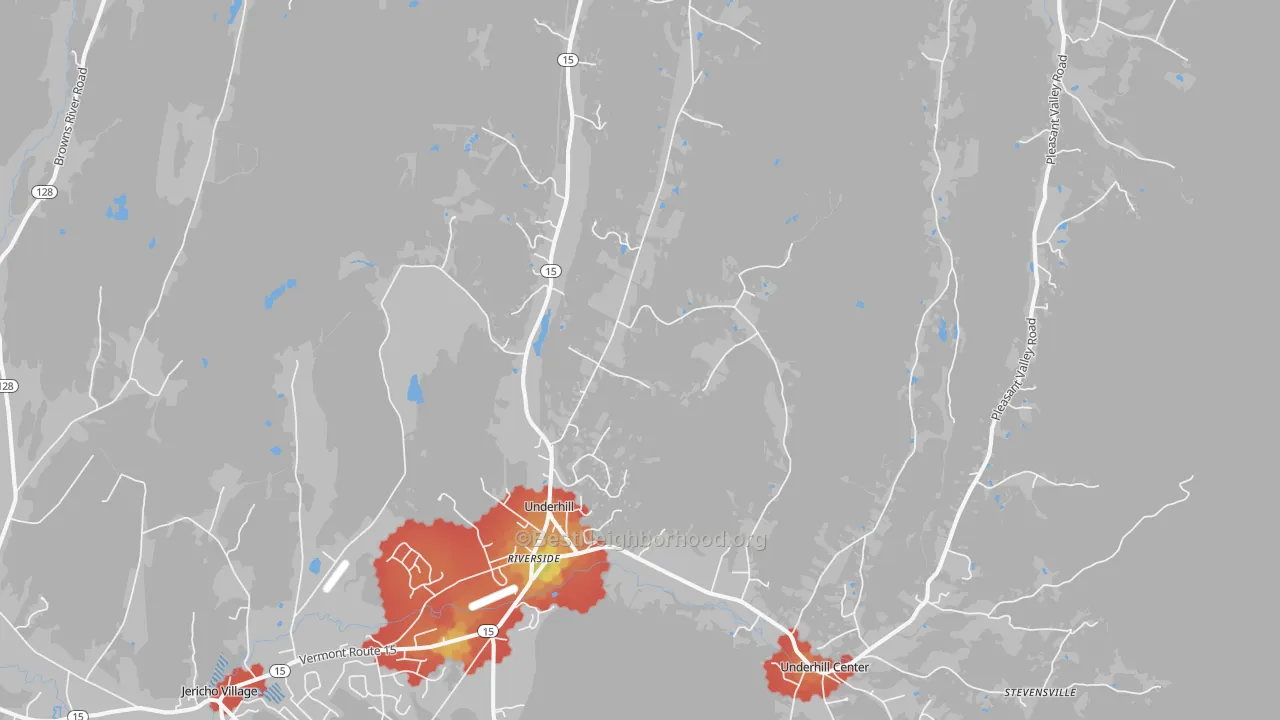 Walk Grade map of Underhill, VT, walkable areas in green and car-dependent areas in red