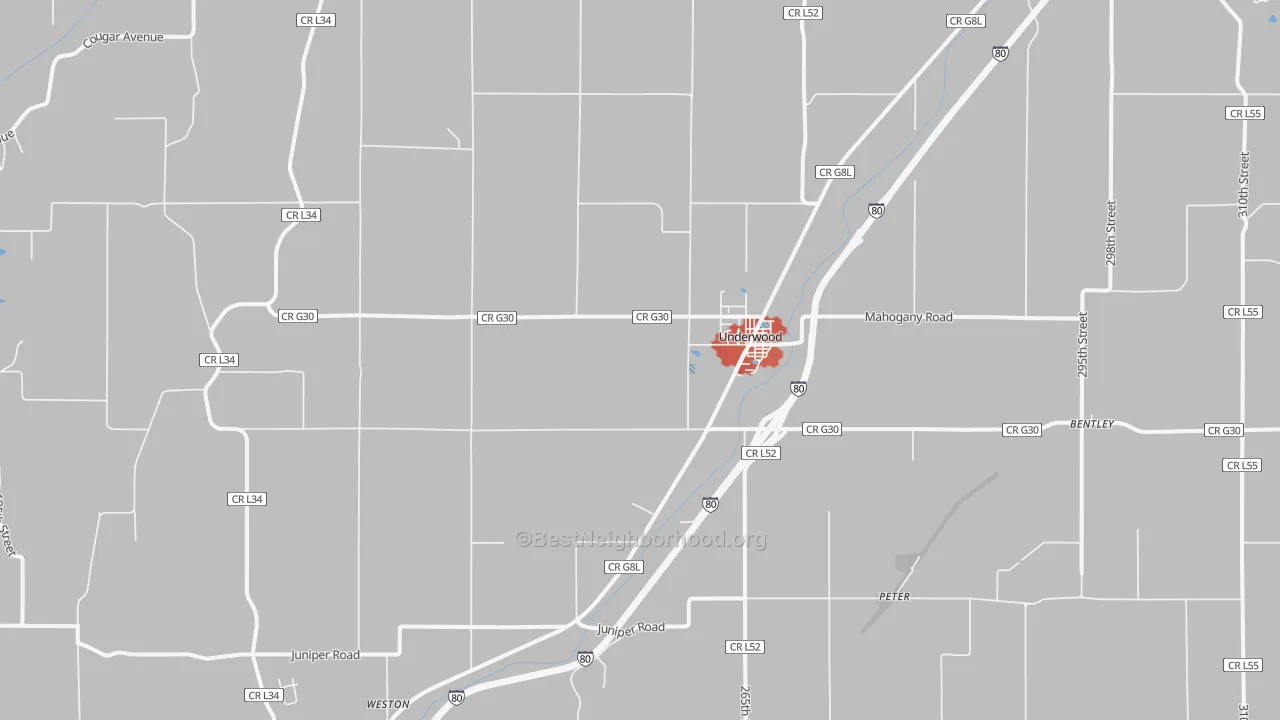 Walk Grade map of Underwood, IA, walkable areas in green and car-dependent areas in red