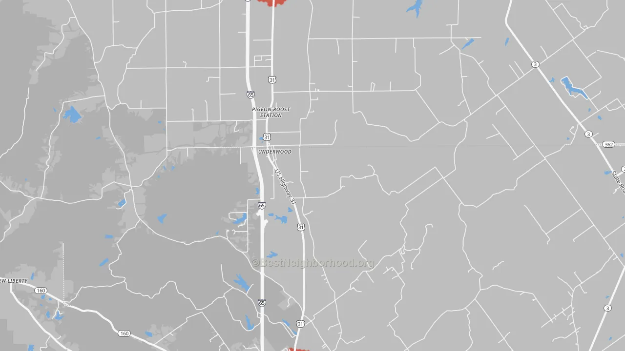 Walk Grade map of Underwood, IN, walkable areas in green and car-dependent areas in red