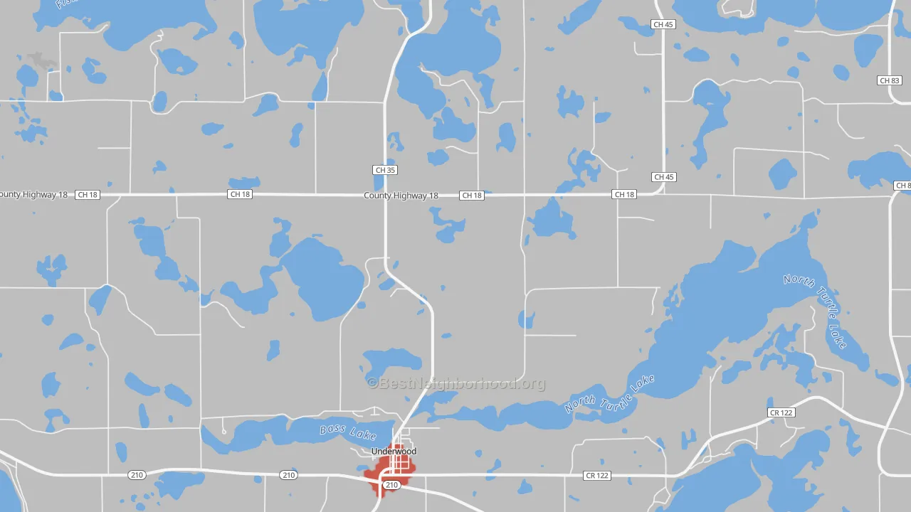 Walk Grade map of Underwood, MN, walkable areas in green and car-dependent areas in red