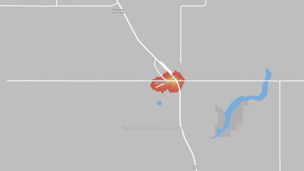Walk Grade map of Underwood, ND, walkable areas in green and car-dependent areas in red