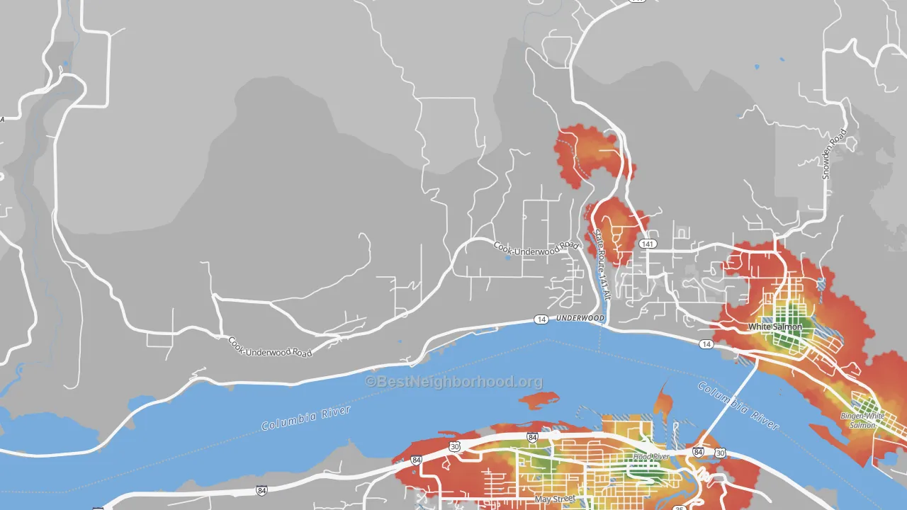 Walk Grade map of Underwood, WA, walkable areas in green and car-dependent areas in red