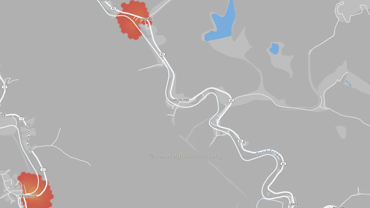 Walk Grade map of Uneeda, WV, walkable areas in green and car-dependent areas in red