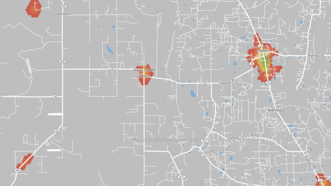 Walk Grade map of Uneedus, LA, walkable areas in green and car-dependent areas in red