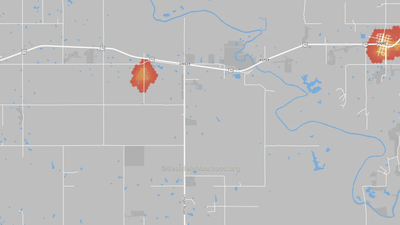 Walk Grade map of Unger, OK, walkable areas in green and car-dependent areas in red