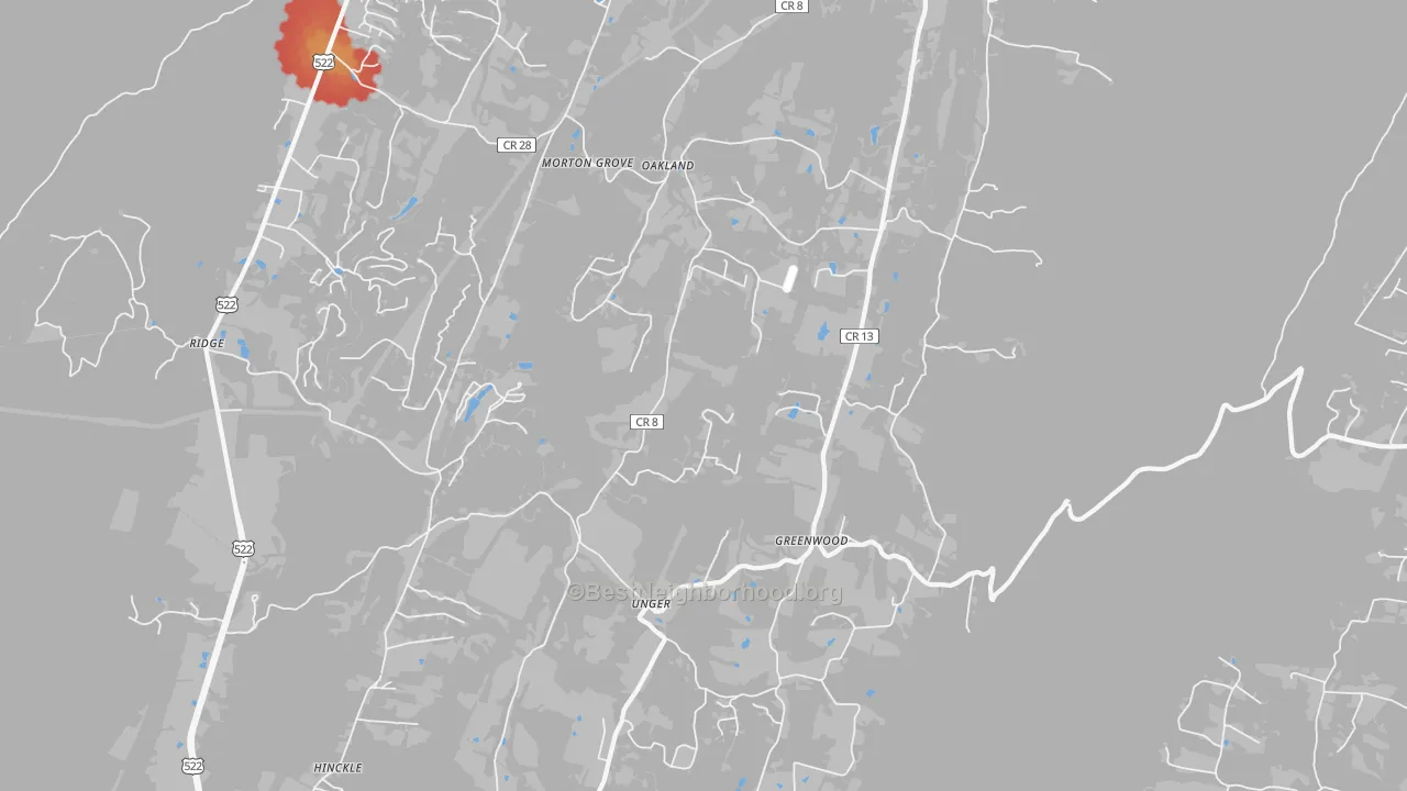 Walk Grade map of Unger, WV, walkable areas in green and car-dependent areas in red