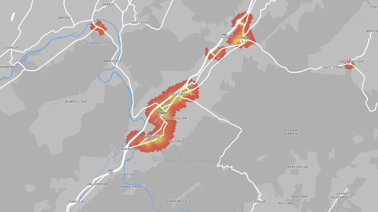 Walk Grade map of Unicoi County, TN, walkable areas in green and car-dependent areas in red
