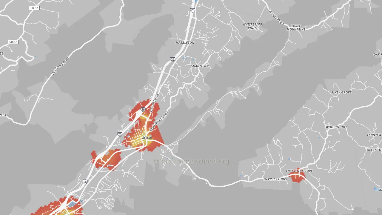 Walk Grade map of Unicoi, TN, walkable areas in green and car-dependent areas in red