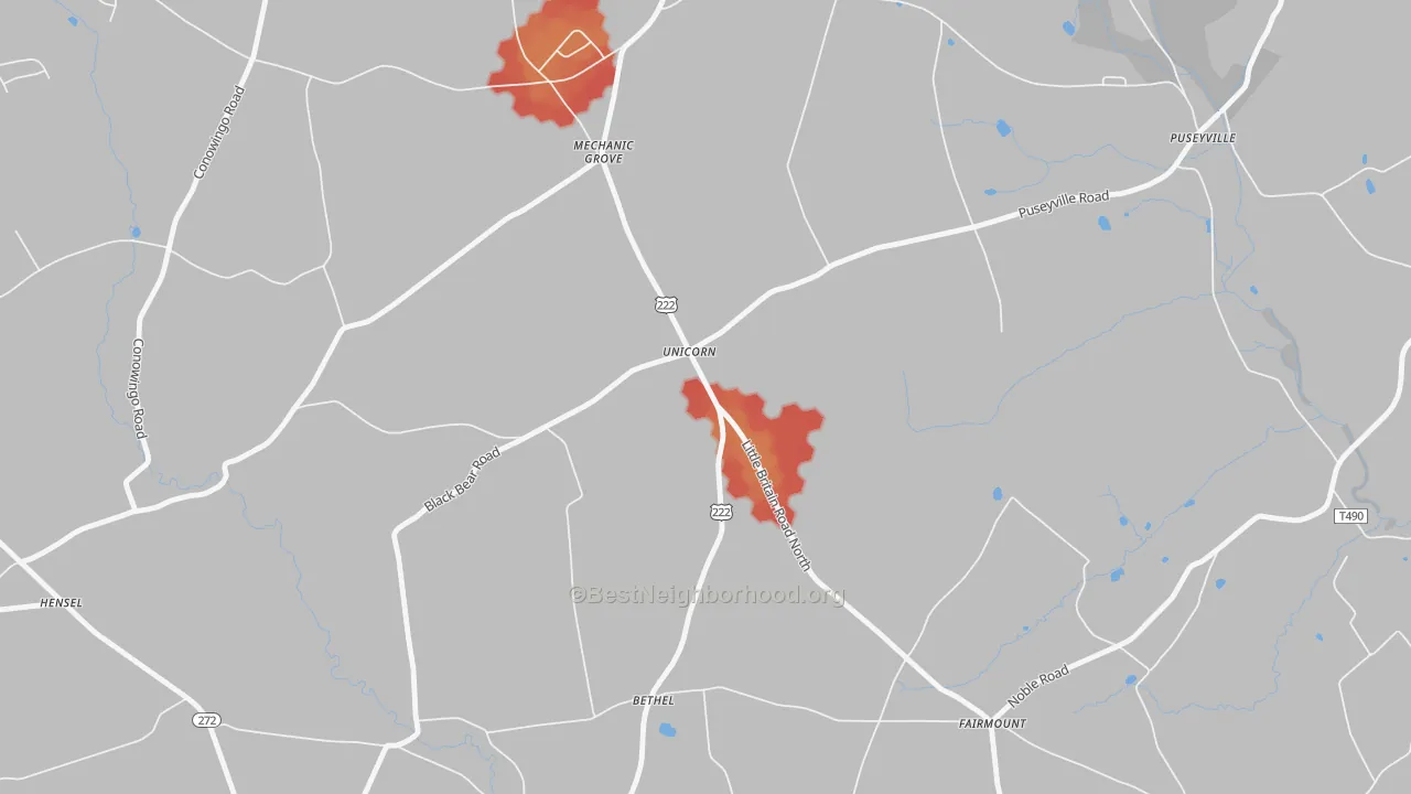 Walk Grade map of Unicorn, PA, walkable areas in green and car-dependent areas in red