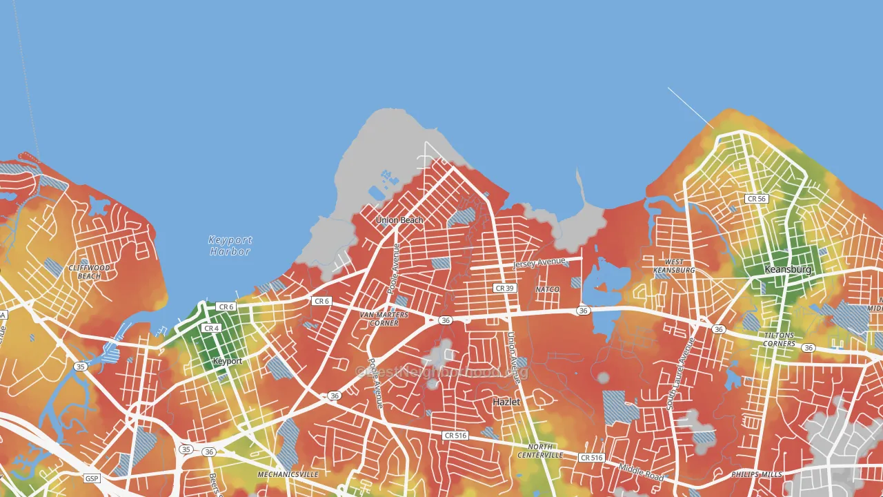 Walk Grade map of Union Beach, NJ, walkable areas in green and car-dependent areas in red