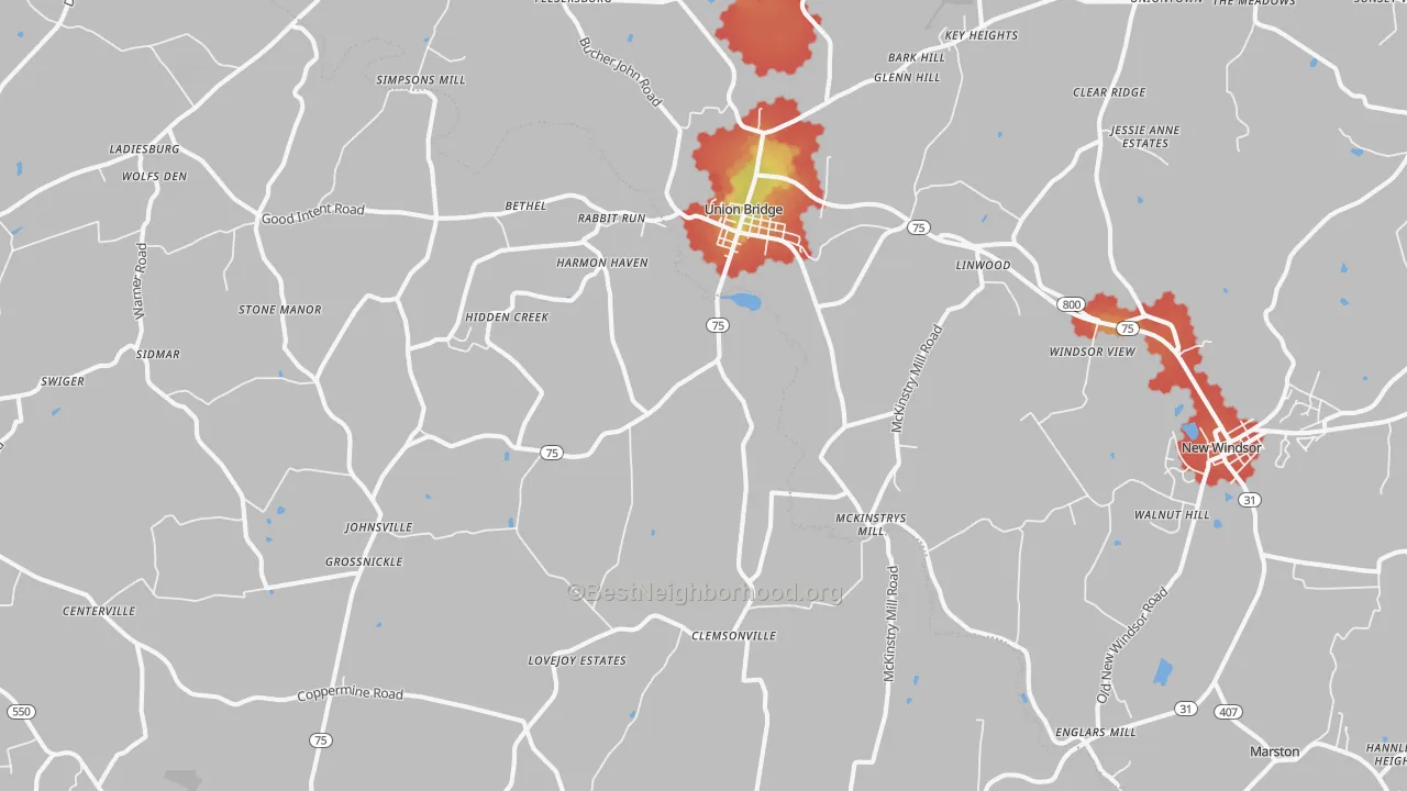 Walk Grade map of Union Bridge, MD, walkable areas in green and car-dependent areas in red