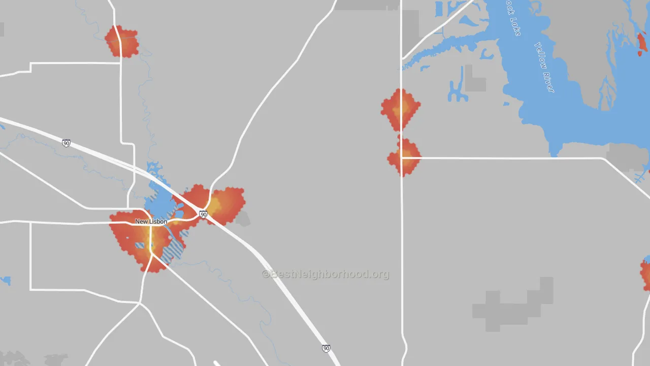 Walk Grade map of Union Center, WI, walkable areas in green and car-dependent areas in red