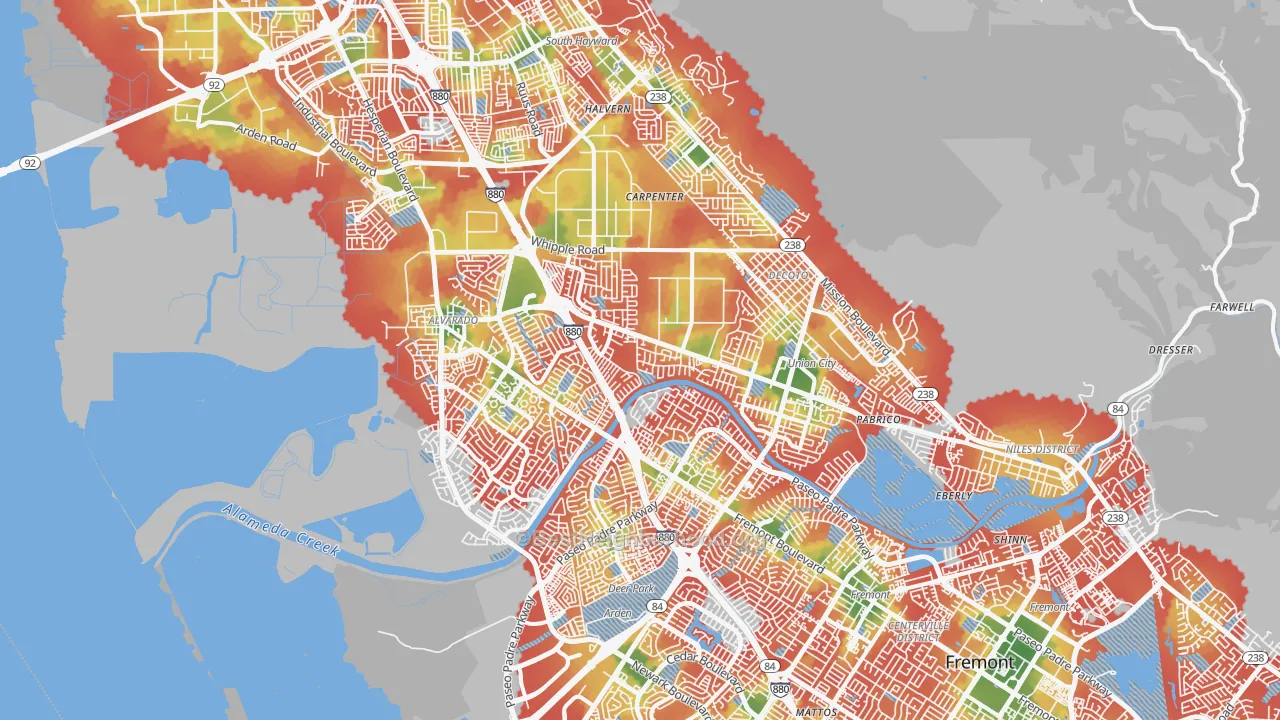 Walk Grade map of Union City, CA, walkable areas in green and car-dependent areas in red