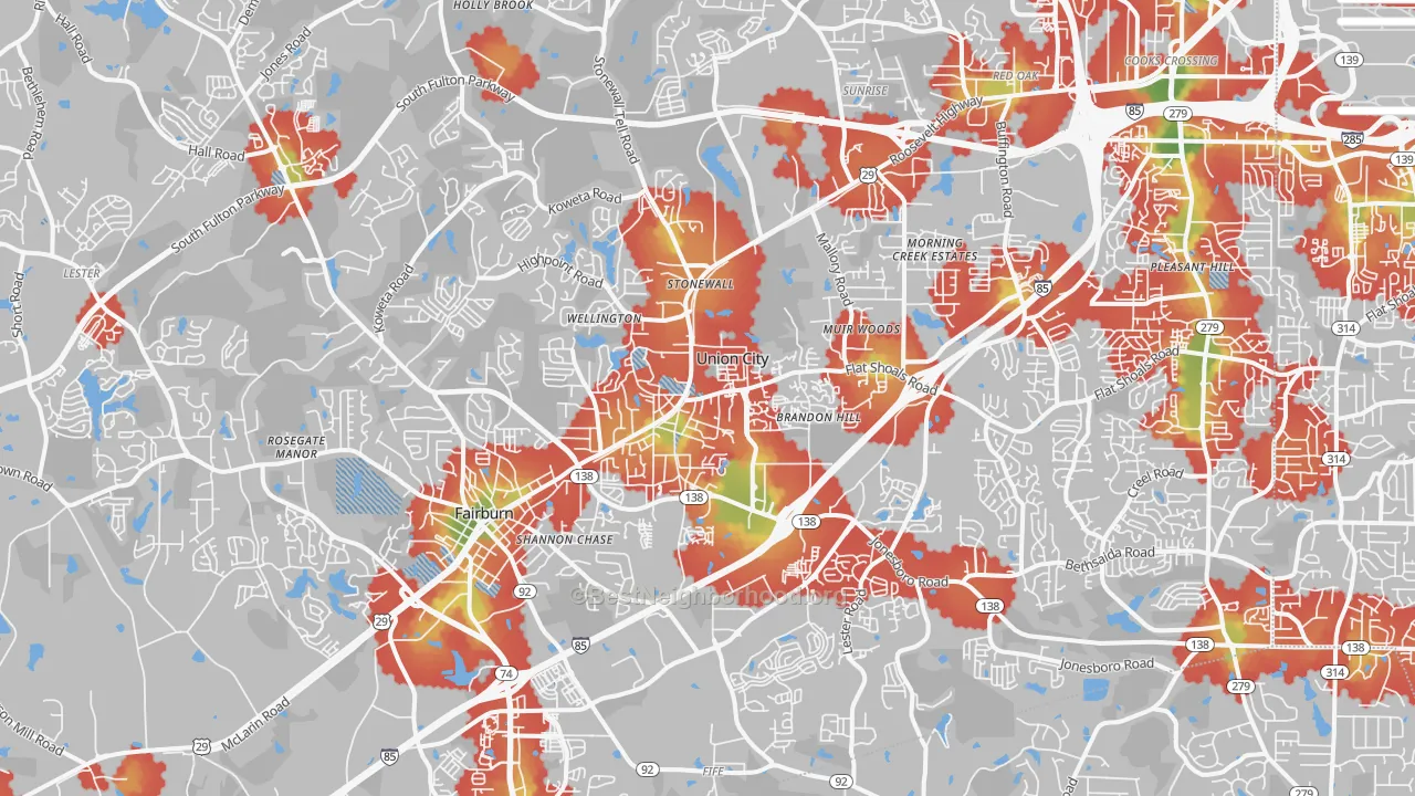 Walk Grade map of Union City, GA, walkable areas in green and car-dependent areas in red