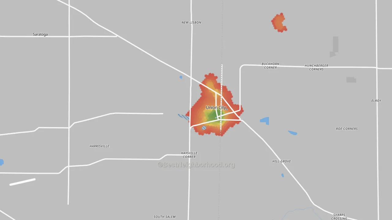 Walk Grade map of Union City, IN, walkable areas in green and car-dependent areas in red