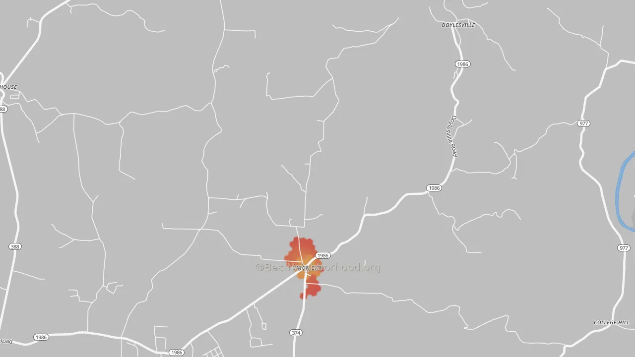 Walk Grade map of Union City, KY, walkable areas in green and car-dependent areas in red