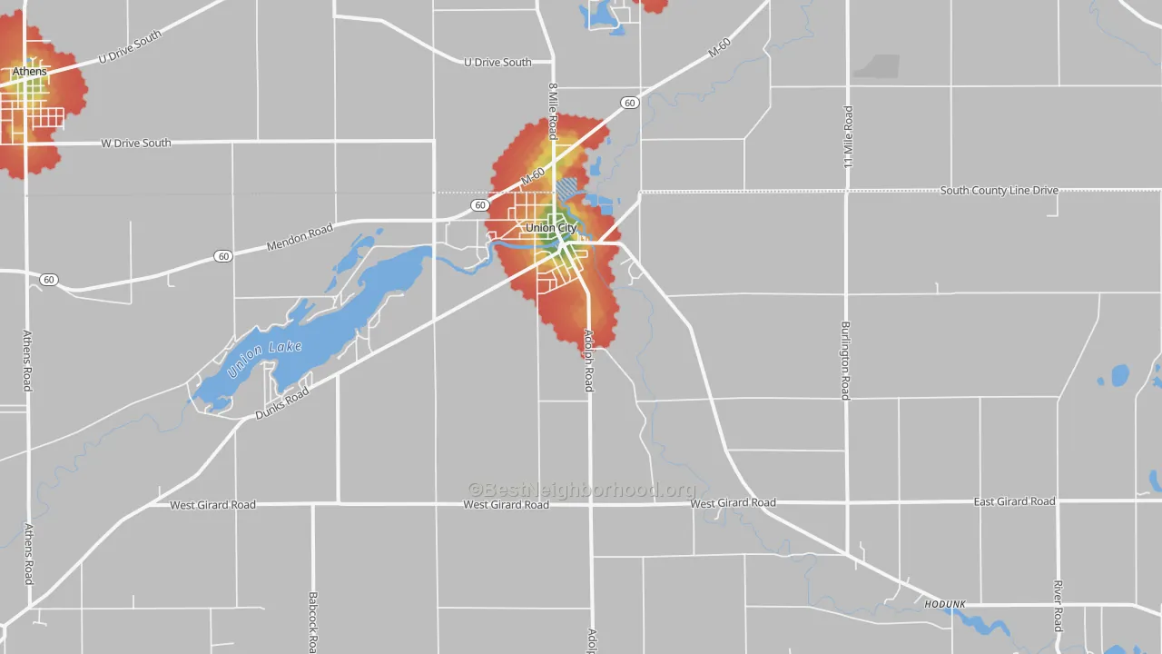 Walk Grade map of Union City, MI, walkable areas in green and car-dependent areas in red