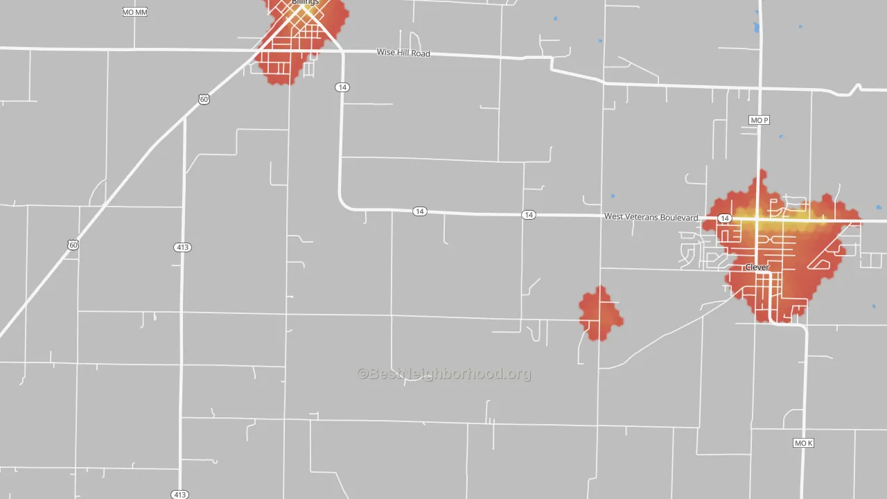 Walk Grade map of Union City, MO, walkable areas in green and car-dependent areas in red