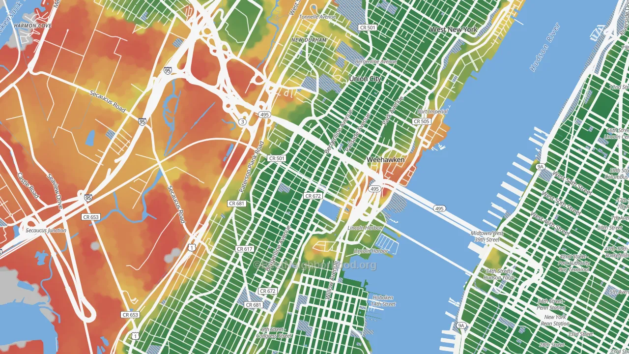 Walk Grade map of Union City, NJ, walkable areas in green and car-dependent areas in red