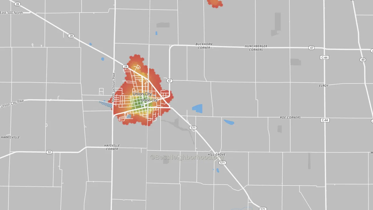 Walk Grade map of Union City, OH, walkable areas in green and car-dependent areas in red