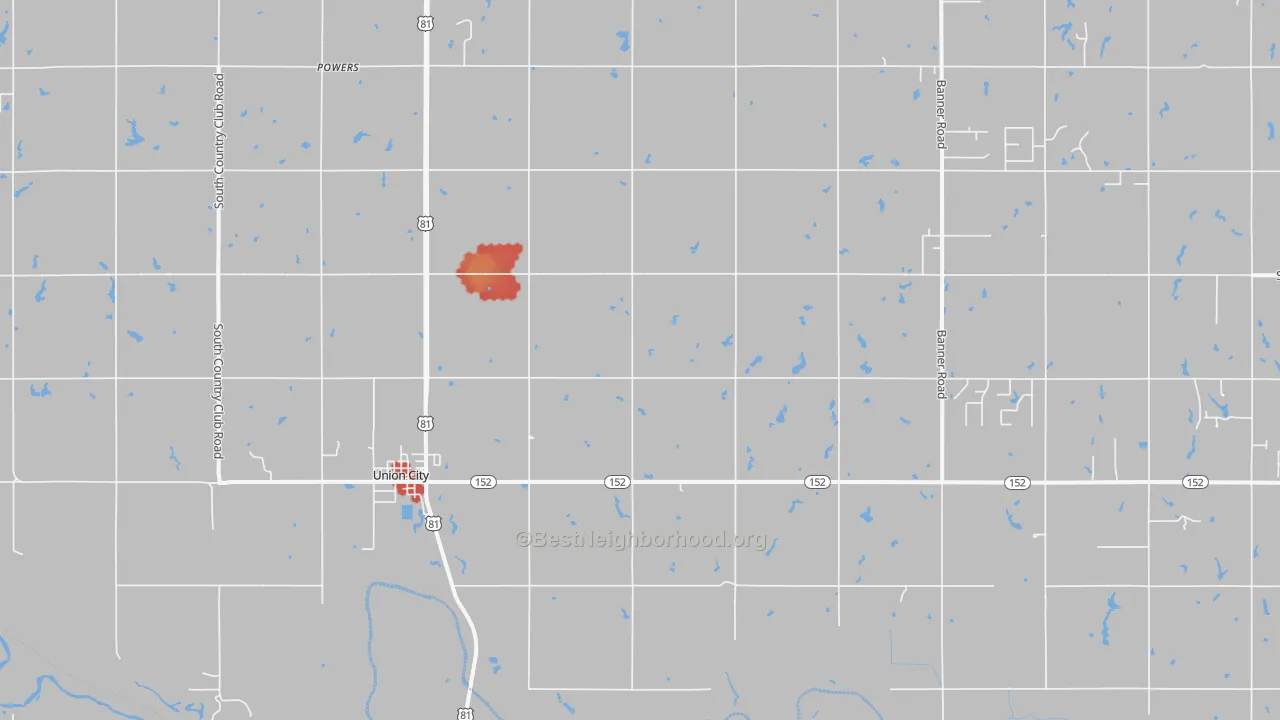 Walk Grade map of Union City, OK, walkable areas in green and car-dependent areas in red