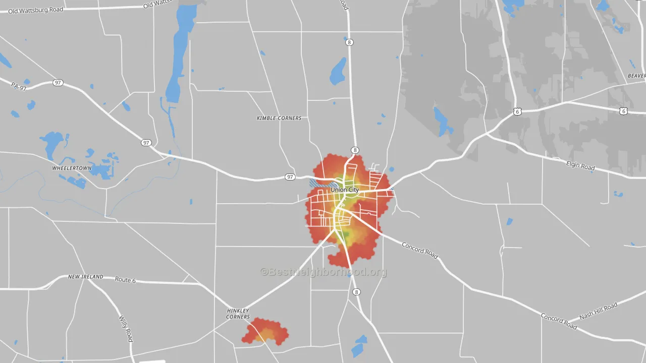 Walk Grade map of Union City, PA, walkable areas in green and car-dependent areas in red
