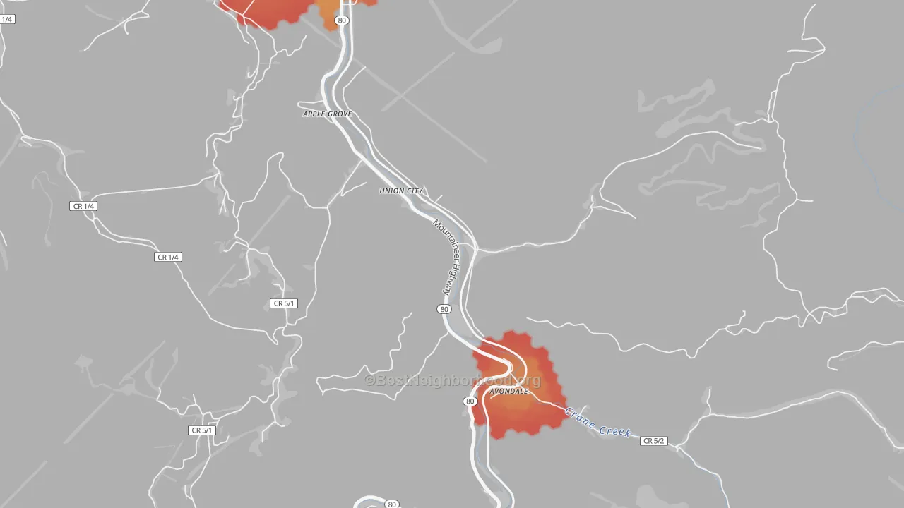 Walk Grade map of Union City, WV, walkable areas in green and car-dependent areas in red