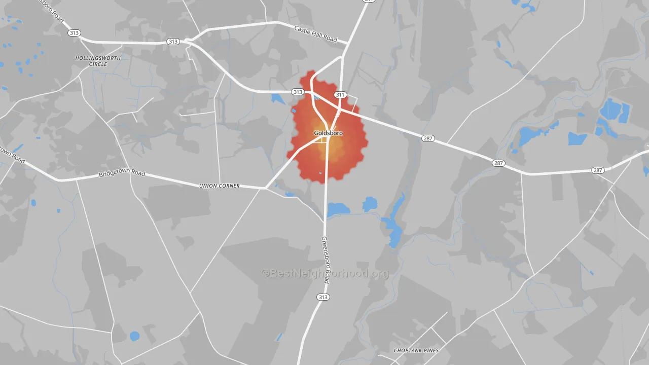 Walk Grade map of Union Corner, MD, walkable areas in green and car-dependent areas in red