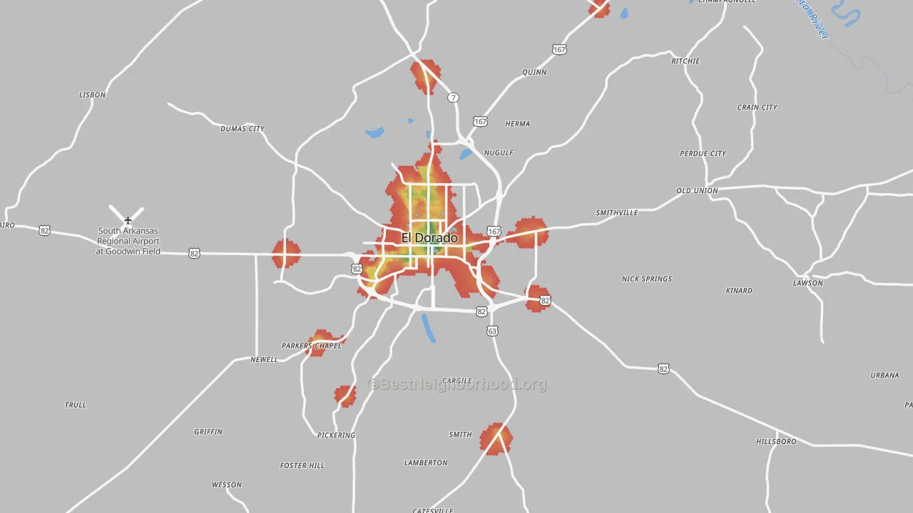 Walk Grade map of Union County, AR, walkable areas in green and car-dependent areas in red